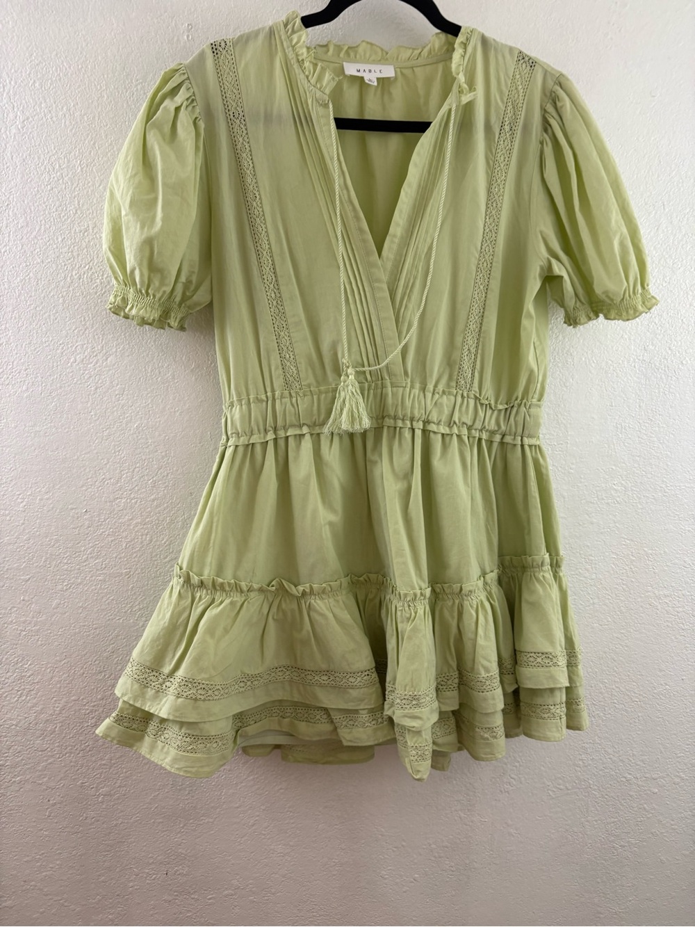 Mable Faith Eyelet Mini Dress short puff sleeves V-neckline with tassel ties L